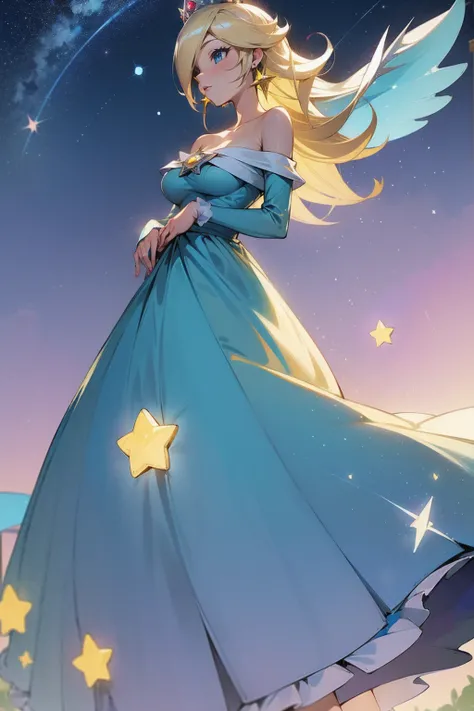 princesa rosalina, blue dress, big breasts, adult body, starry sky, semblante angelical
