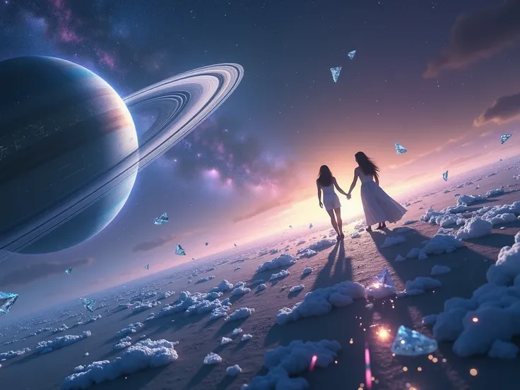 High resolution, ultra-detailed fantasy artwork of an otherworldly journey past the rings of Saturn, with shimmering icy rings reflecting soft cosmic light, vast expanses of the Milky Way glowing in vibrant blues, purples, and golds, a surreal celestial ra...