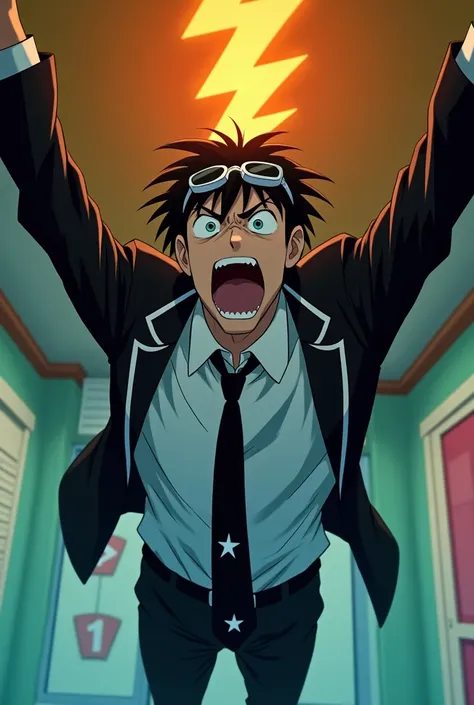 Shinichi Sakurai scared wearing a white shirt and black jacket with two white stripes on each sleeve of his hands and white swimming goggles with black visors on the collar together with a black tie with a white star in the middle mounted on the ceiling of...