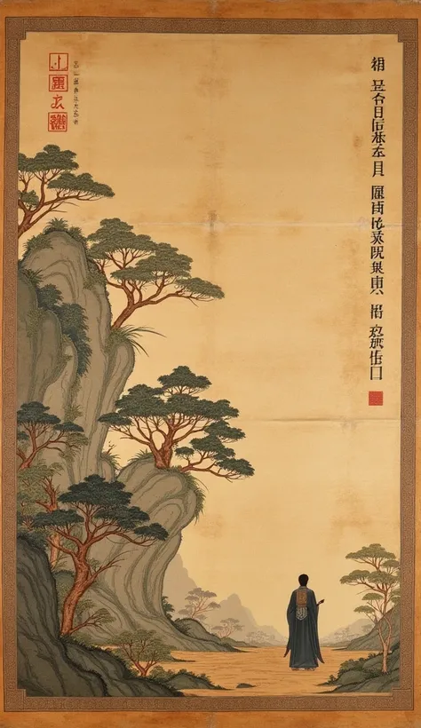 "An ancient scroll depicting the life of King Liang. The scroll shows him in various stages: as a powerful king, as a haunted ruler, and finally as a peaceful hermit. In the final panel, King Liang is shown walking alone into the horizon, symbolizing his l...