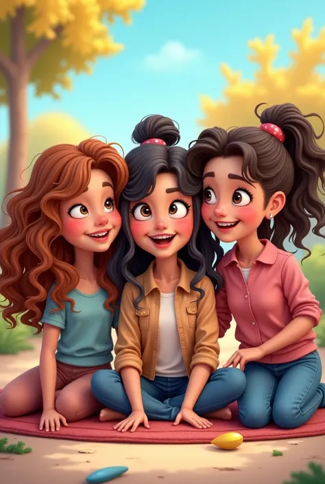  make a cartoon with 3 friends, one with long curly hair half straight, Another smooth-haired brunette ,  and the other with short wavy hair .