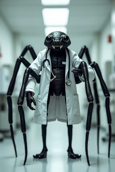 Generate a black spider dressed as a doctor