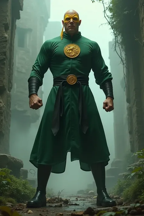 "Iron Fist (marvel) stands tall, clad in a green Kung Fu gi with a golden dragon emblem on his chest. His yellow mask/bandana covers his face, and a black belt with a golden buckle wraps around his waist. Backdrop: misty, ancient temple ruins. Pose: powerf...