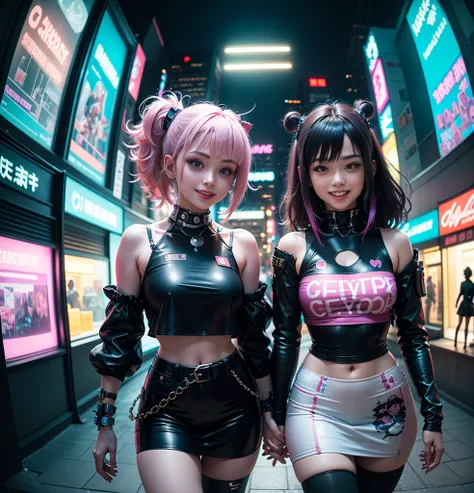 ((2 cyberpunk girls wearing Harajuku style pop outfit)), ((fisheye lens)), cowboy shot, Wind, messy hair, Cyberpunk cityscape, (aesthetics and atmosphere:1.2), smiling, laughing（（ Fisheye Lens ））