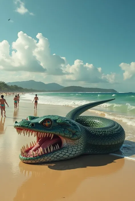 Make a piranha mixed with a giant snake ,  stranded on an ultra-realistic beach in Brazil next to bathers 