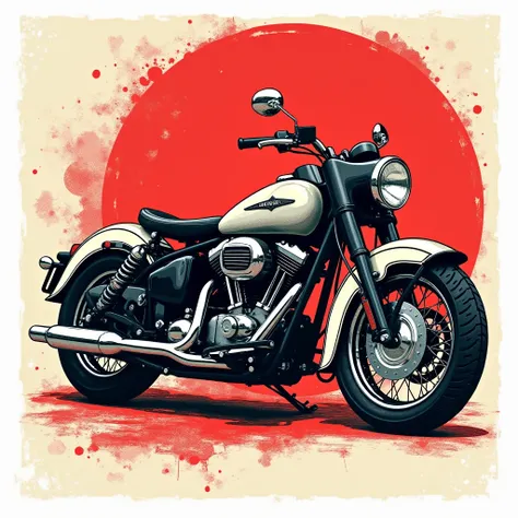 A silkscreen-style print of a vintage motorcycle rendered in bold black and white, accented with striking pops of red. The design includes textured elements to mimic the authentic look of screen printing, with slight imperfections and grainy details for ad...