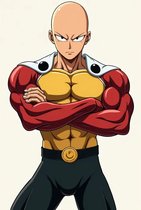 Saitama Sensei from one punch man anime high definition eyes and arms, with a super sayin suit