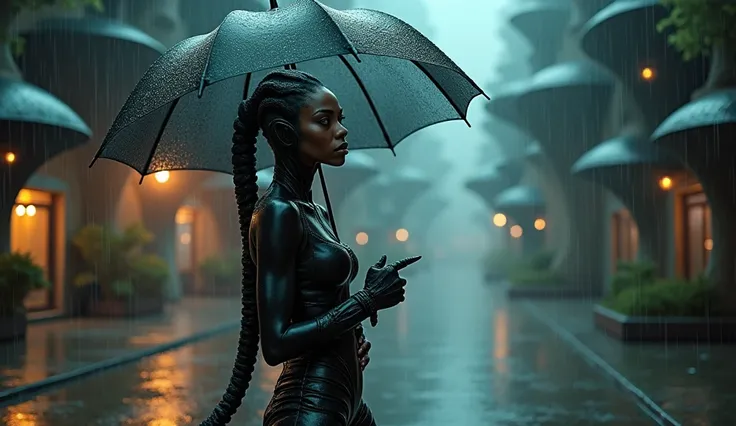 an alien, a beautiful scorpion woman, a beautiful face, Wearing a tight leather dress, see a scorpion’s tail , an unusual look  ,  holding an umbrella standing on the street among strange and complex shaped buildings. ,modern, Future world, Heavy rain  ,ni...