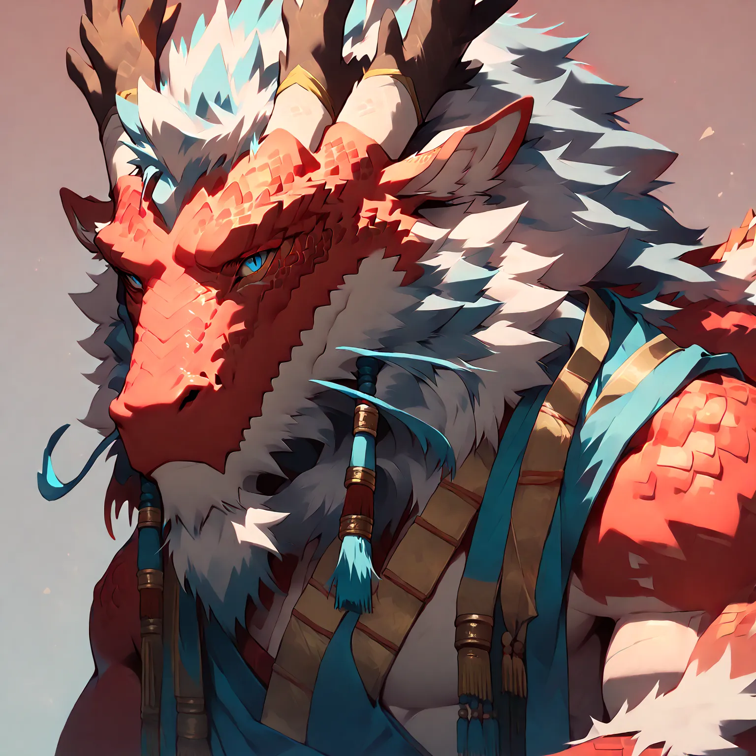 ### main character (high priority)
(eastern dragon furry:1.8), muscular mature male, masterpiece, (half body portrait:1.4)

### ...