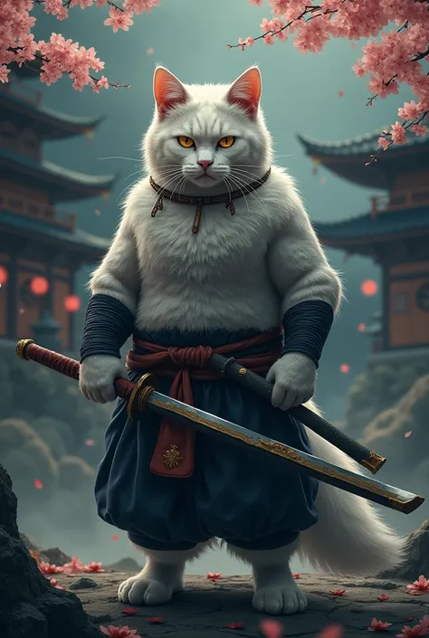  Samurai-style cat with a Japanese sword hanging around its waist、2D、Dark atmosphere、Edo Period Background、 Its on  、The sword has been put back in its scabbard .、White cat