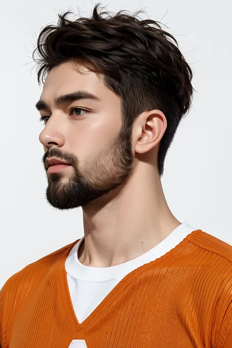  handsome man ,短beard,Upper body portrait,orange sweater,white background, soccer player with number 10