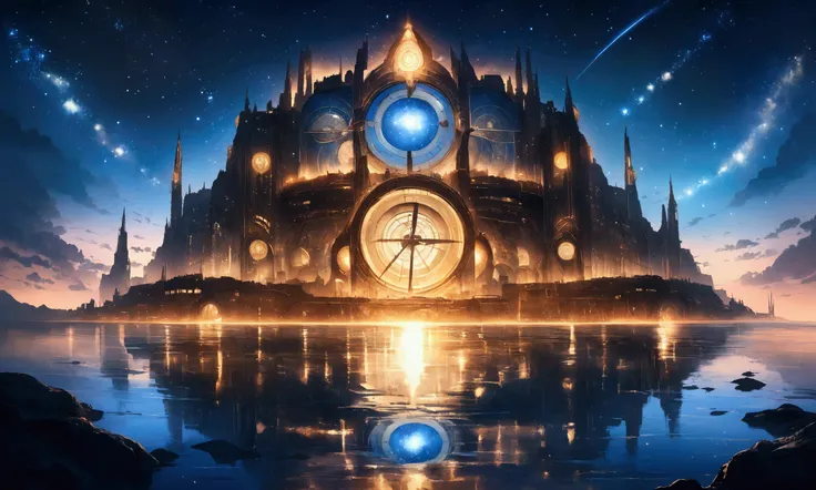 fantastic clockwork city near the sea, it is reflected in all its splendor in the water, starry night, ultra realistic high fantasy
