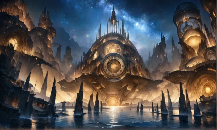 fantastic clockwork city near the sea, it is reflected in all its splendor in the water, starry night, ultra realistic high fantasy
