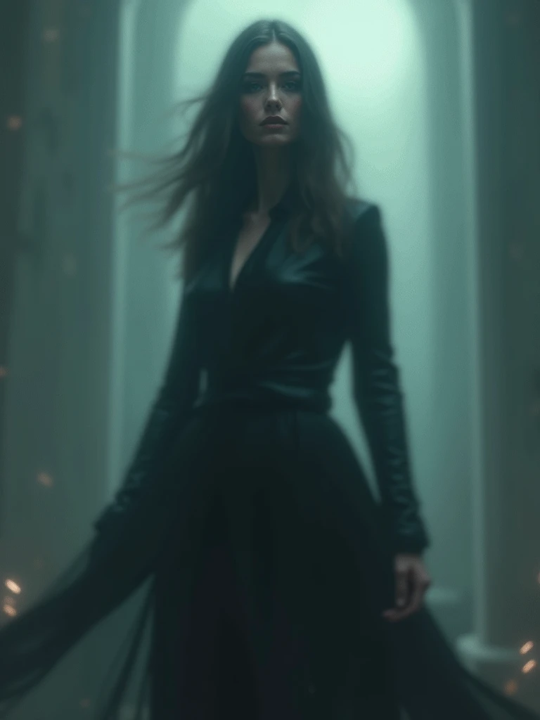 A blurry holographic  avatar of an assassin lady, gorgeous cheeks elegant and gorgeous, floating avatar in air,  gloomy background, blurry-effects, blurry image pixels.