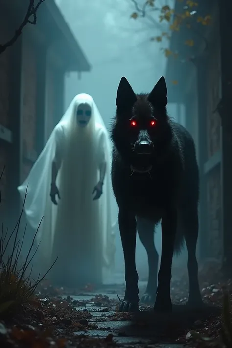 A ghost and a black dog and there eyes red 