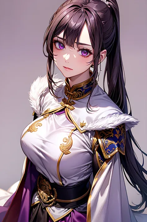  in armor and a purple cloak, 1 person, Cute Ponytail , large breasts and crevage , highly detailed face and skin texture, stare at the camera, perfect beauty: 1.4, fine grain, double eyelids, Whitening, best quality, ultra high resolution, simple backgrou...