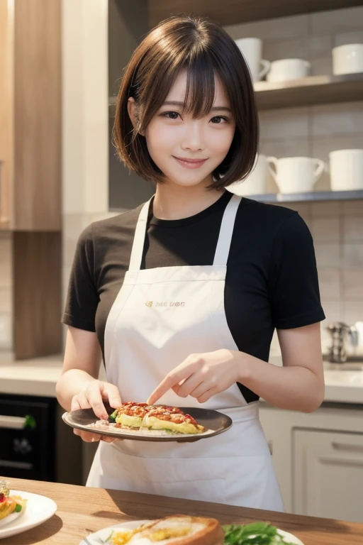  eyes that are drawn in, cute double , Mysterious woman wearing an apron and cooking, Ribbon on chest, T-Shirts, Inward-wound wave bob cut,  cute smile with blush, knot, The front hair is held in place with a hairpin, Good looking, Kind personality,  very ...