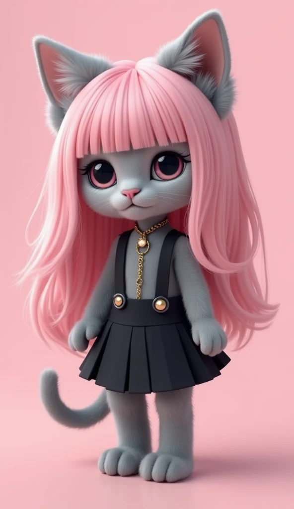 cute gray kitten、 standing on back legs、idol-like cute black mini clothes and cute black wig mini skirts、 wearing a cute decorated pink long-haired wig、cute、Clothes、mini skirts、shoes、on site、masterpiece、Background pink 、「too cute from」、A woman falls in lov...