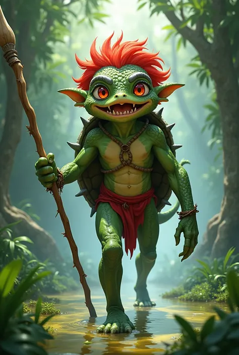 green skinned boy, red hair, big red eyes, wide mouth, amphibious features, long arms and legs, gray warts on his forehead, red loincloth armor and turtle shell, in his hand a staff, walking in the swamp. anime style image.