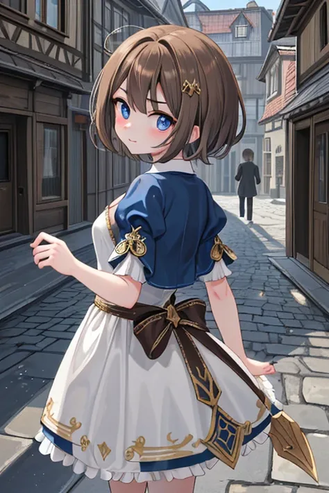 best puality, master piece, anime tone, offixial art, BREAK one girl, solo, , fair skin, BREAK short hair, brown hair,  BREAK  small face, dark blue eyes, long eyebrows, smaile,  BREAK  medium breasts, fine, standing, looking back,  BREAK  very cute, coebo...