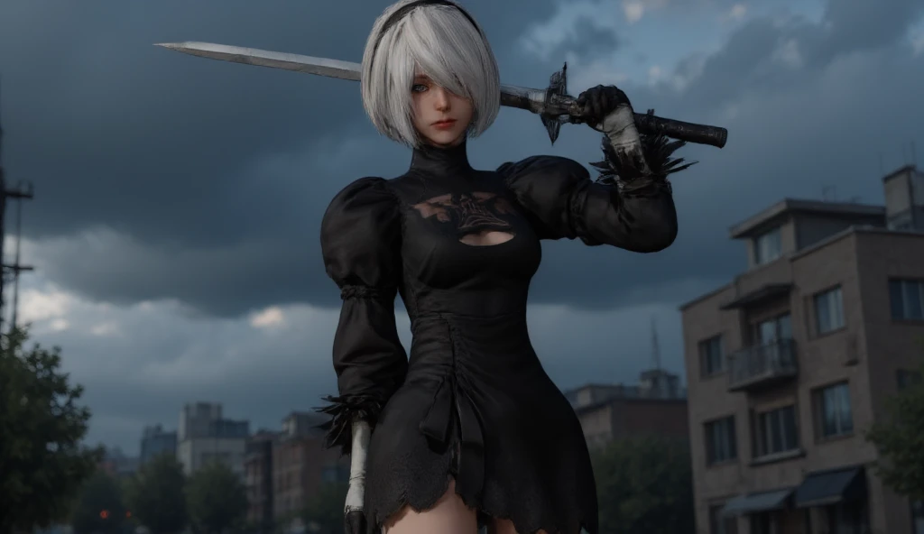 Create a photorealistic full-body shot of 2B  played by Kiko Mizuhara from Nier: Automata in a dynamic combat stance. She is wearing a black combat dress with intricate lace and embroidery details, with a high collar and a tasteful neckline that is battle-...