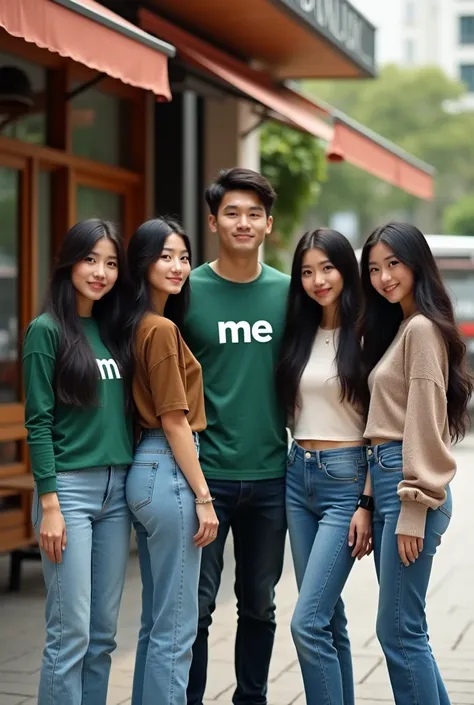  handsome Thai man and 4 beautiful Korean women , long straight hair of black color ,   long sleeve green t-shirt with  " me "modern outfit 
 In front of restaurant   " medium "  daytime standing relaxing photo looks real realistic , Ultra HD resolution 