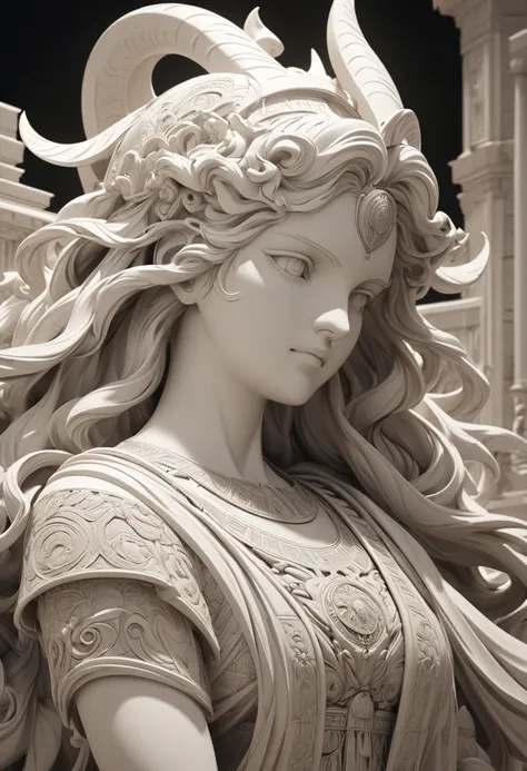 ( perfect anatomy )  Close up bust of long haired woman statue ancient Greek elegant ornate very beautiful Greek devil statue movie atmosphere lighting retro style Greek stone statue extremely detailed the color of the statue is beige monochrome highly det...