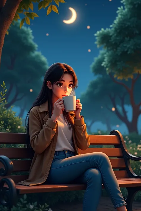 Brunette woman drinking coffee in a park at night