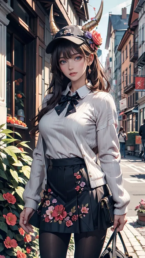 masterpiece,  best quality,  high definition , , Horned hat,  hair flower,   x hold the hair ornament ,  white sweater,  Purple Jacket , flower,  Long Sleeve , Open clothes, BLACK BOW, sleeve length below wrist ,  skirt,  COWBOY SHOOTING , Outdoor, street,...