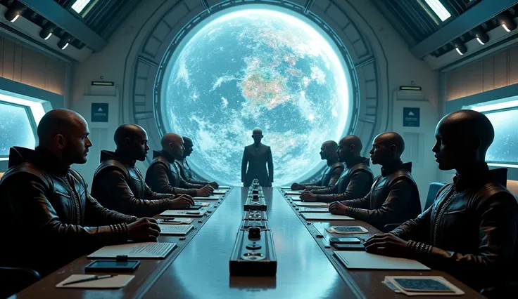 A dramatic sci-fi scene depicting a tense negotiation between humans and alien representatives of a Galactic Empire. The setting is a futuristic, high-tech conference room aboard a massive space station, with a large holographic map of the galaxy in the ba...