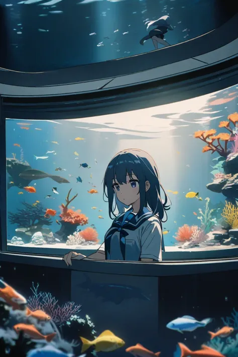  Girl swims in an aquarium, 1 character,  anime girl in water ,  muted lighting , blue blue cat ,  corals and fish around her , plot, girl in school uniform