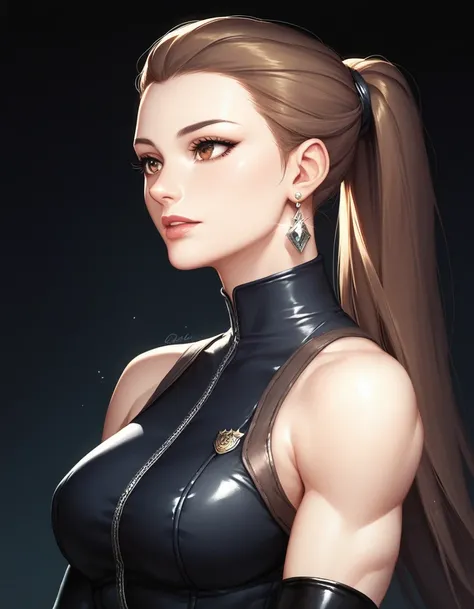 female sleeveless police black bodysuit, bare shoulders, racerback, long gloves, black gloves, toned arms, beautiful faces, brown ponytail with showing forehead, long ponytail, earrings, soft smooth skin, pale skin, black background, brown eyes, sci-fi, hi...