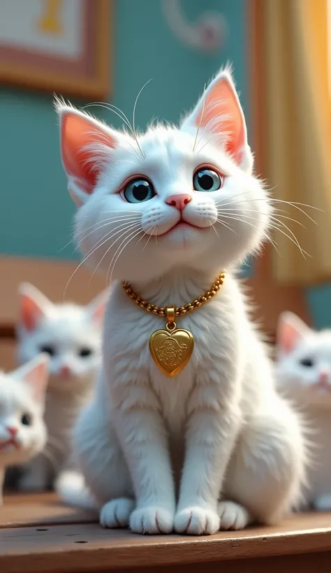 In cinematic 3D style ,HD image, realistic image ,colourful image. 
Character,white kitten cat wearing gold neck locket,its whole body is under the white paint.
Action,white kitten cat Her whole body is covered with white paint, her whole body is covered w...