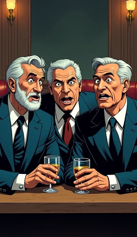 I want a DC Comics style illustration, an image of 3 elegant gentlemen, 60 years old, sitting in a bar, their appearance is one of great surprise, very surprised