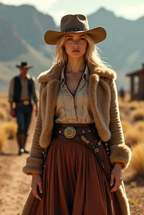  Western pioneer young blonde woman ,  western look ,  color photo , skirt, hat, fur coat , Gunman, black gold combination