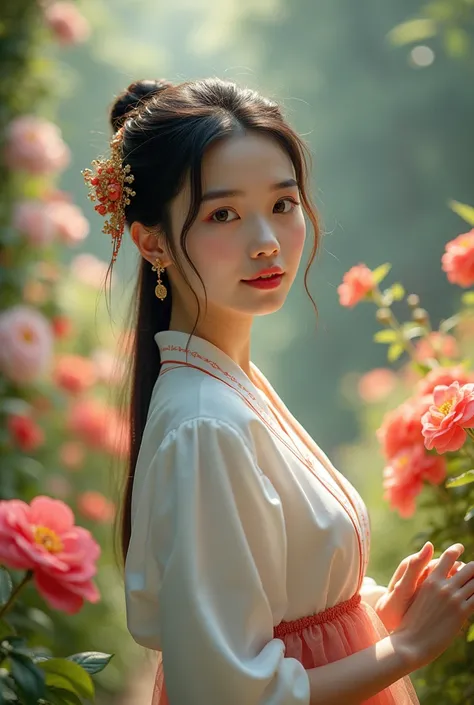  Beautiful chinese teen is wearing black Malay braces, Polite Clothing . She is standing in a flower garden . 