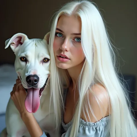 A pretty blue-eyed  Instagram model with very long straight snow-white hair with a realistic natural pale porcelain complexion on an oval face. Full body,She is playing with her pitbull adult, the  licks between the girls legs,