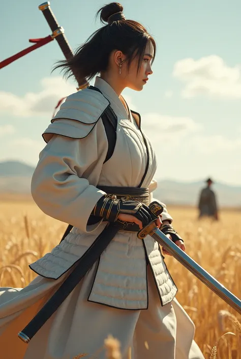  woman  ,  holding a katana ,  while wearing the shoguns white white armor that completely covers the body except for the head and so that it is also white,  period, in the background, a wheat-covered steppe, without a helmet, a person could be seen ,  bar...