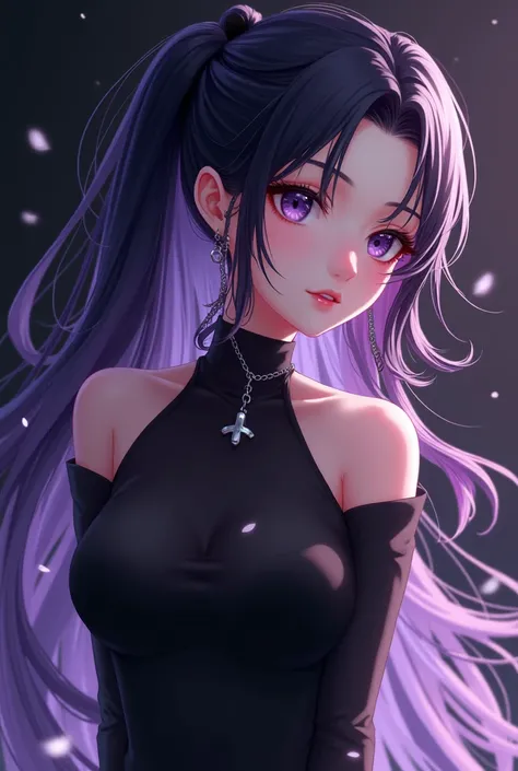 Anime woman with purple and black hair and tender in a black dress without a neckline not revealing