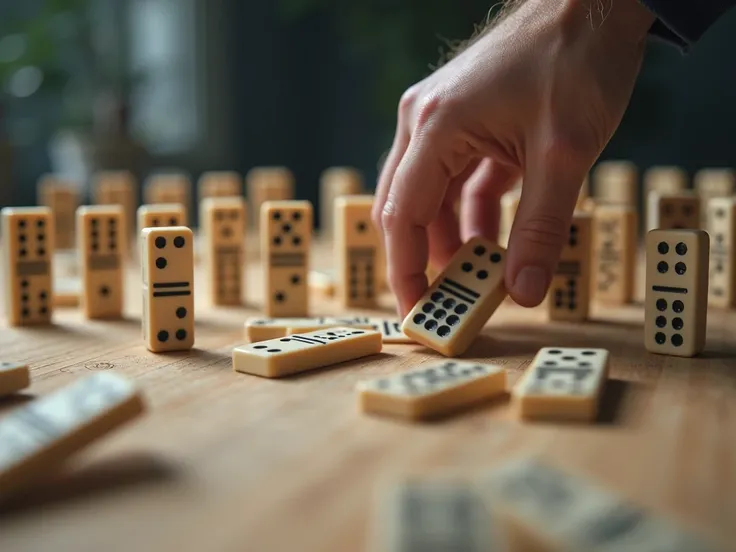  Generate hyperrealistic image ,  on a table there are about 50 dominoes ,  arranged vertically ,  one a few millimeters from the other so that when the first one falls, the “domino effect” is generated falling one after the other ,  the image must show ti...