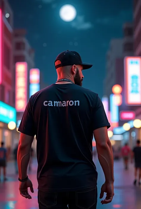 Viato desde detras,shaved bald man with short defined beard, head turned to one side, black baseball style cap, black t-shirt with the word Camaron, black pants, walking through an urban environment, at night with full light and stars, 8K, hyperrealism, ma...