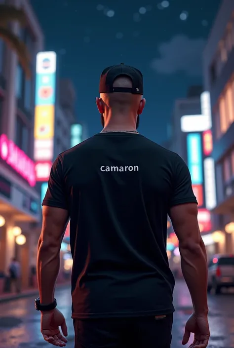 Viato desde detras,shaved bald man with short defined beard, head turned to one side, black baseball style cap, black t-shirt with the word Camaron, black pants, walking through an urban environment, at night with full light and stars, 8K, hyperrealism, ma...