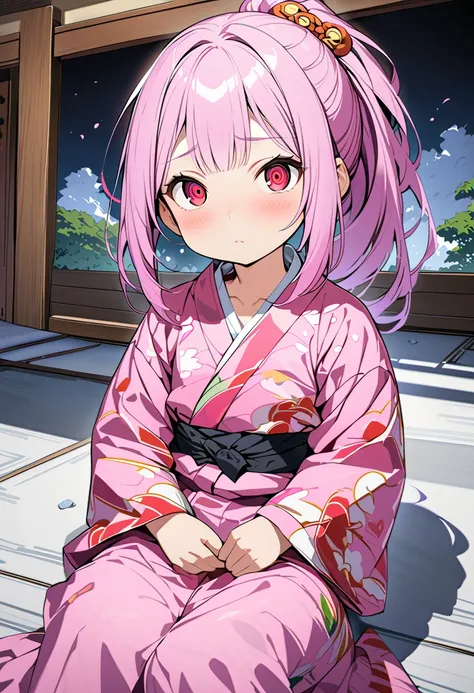 score_9,score_8_up,score_7_up,rating_safety,source_anime,masterpiece,best quality,hyper detailed,super fine illustration,8k,BREAK 1girl,111yo,solo,pink hair,ponytail,red eyes,crazy eyes,cheeks,flat chest,BREAK Yukata,BREAK sitting on zabuton,BREAK love atm...