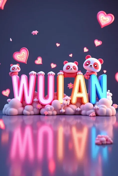 A stunning, animated 3D rendering of the name "WULAN"written in an adorable anime-inspired style. Each letter is playfully decorated with multi-colored elements such as PANDA, hearts, fluffy clouds and twinkling stars, AND LITLE PANDA creating a vibrant an...