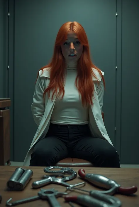 Rachel wearing black pants and white t-shirt from wool to her neck with white coat in bloody butcher freezer sitting on the chair hands hidden in her back mouth taped by silver duct tape torture tools on the table long red hair