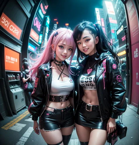 ((2 cyberpunk girls wearing Harajuku style pop outfit)), ((fisheye lens)), cowboy shot, Wind, messy hair, Cyberpunk cityscape, (aesthetics and atmosphere:1.2), smiling, laughing（（ Fisheye Lens ））