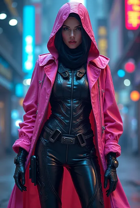 masterpiece, best image, RAW, high resolution, colorful hdr, extremely detail, cyberpunk, hijab, white lightning, mature beautiful woman, futuristic colourful shiny armor, coat, fullbody photo, detailed curved body, detailed legs, detailed femme fatale pos...