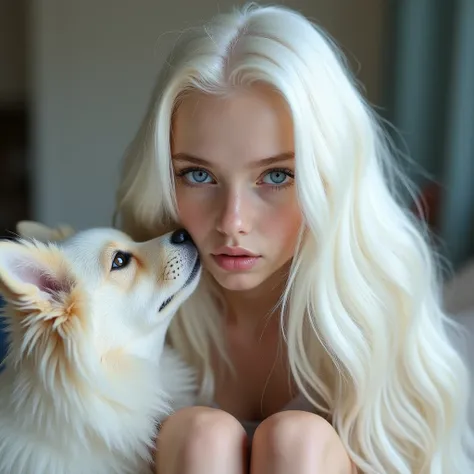 A pretty blue-eyed  Instagram model with very long straight snow-white hair with a realistic natural pale porcelain complexion on an oval face. Full body,She is playing with her dorberman dog, the dog licks between the girls legs,