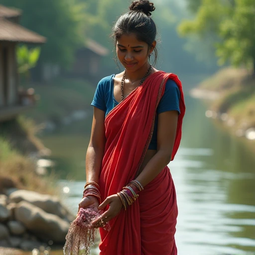 Hot indian village girl in tight red saree and blue blouse, sweaty arm pits, hair bun, saree tucked, washing clothes near river