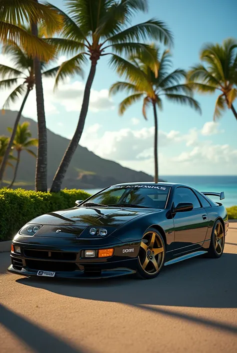 Create a black nissan 300zx with twin turbo Car that is at a slant that has the Seahawks logo all over the car. Background is in hawaii. With gold, 5 star rims and no spoiler on the trunk. 